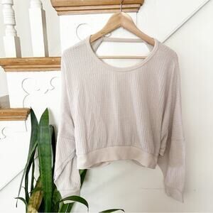Fashion Nova Waffle Knit Crop Top Beige Open Back Long Sleeves Pullover Size XS